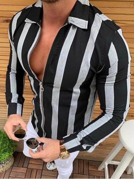Casual Striped Zipper Small Lapel Shirts