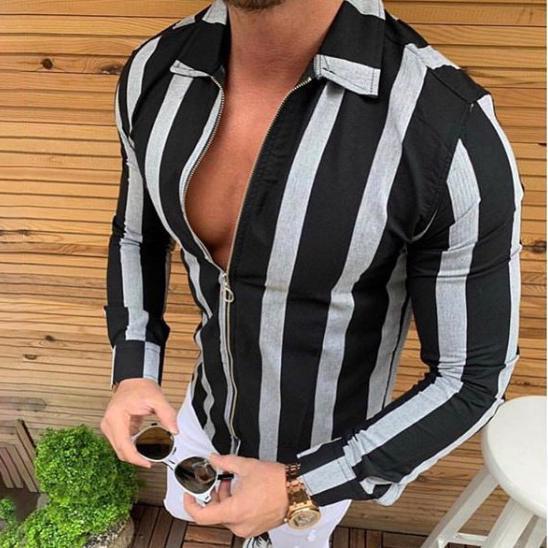 Casual Striped Zipper Small Lapel Shirts
