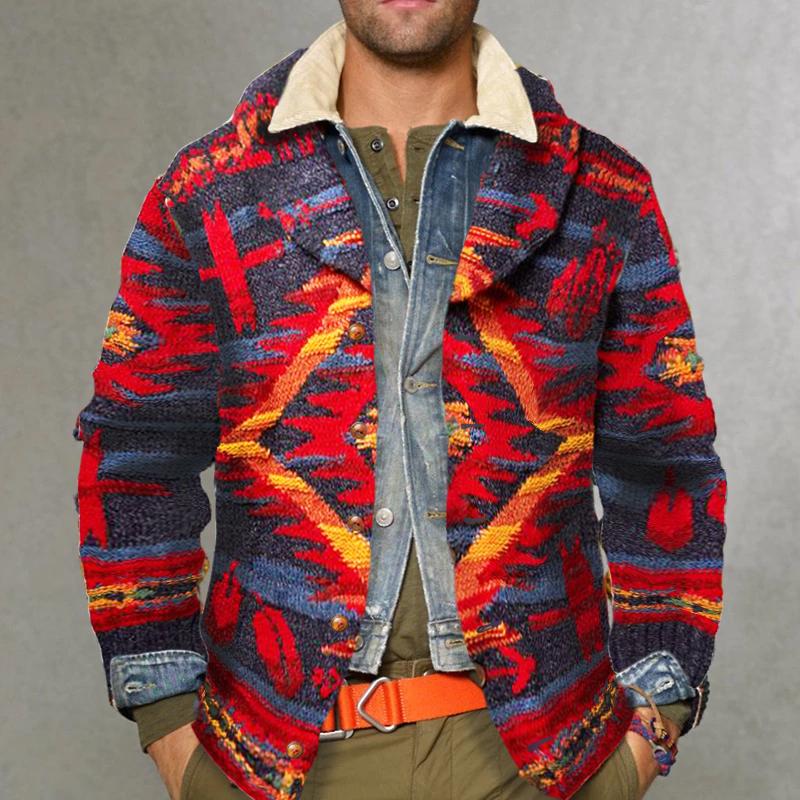 Vintage Shawl Collar Geometric Print Sweater Cardigan