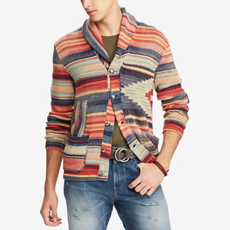 Vintage Casual Rainbow Striped Lapel Sweater Cardigan