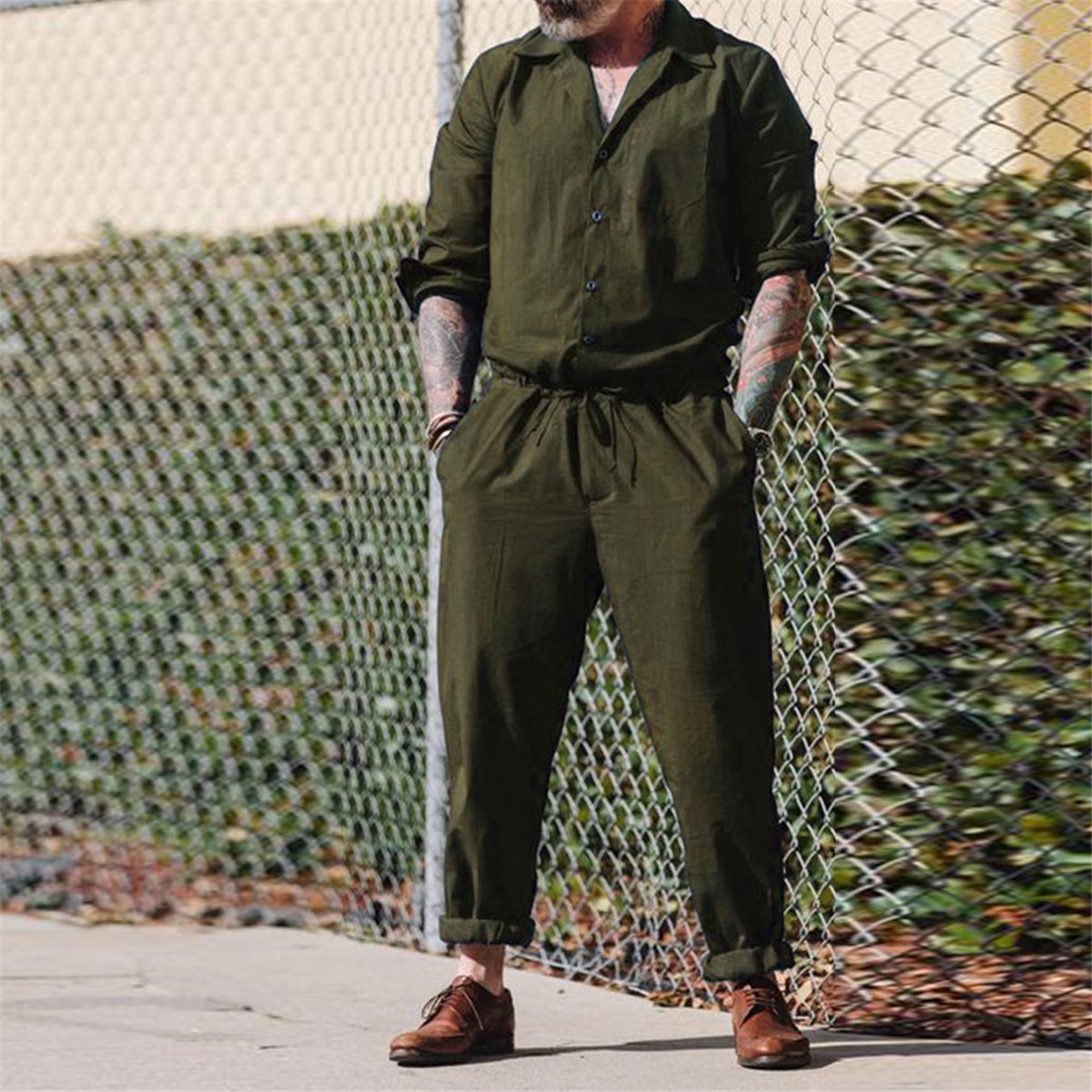 Chic Lapel Plain Defined Waist Loose Jumpsuit