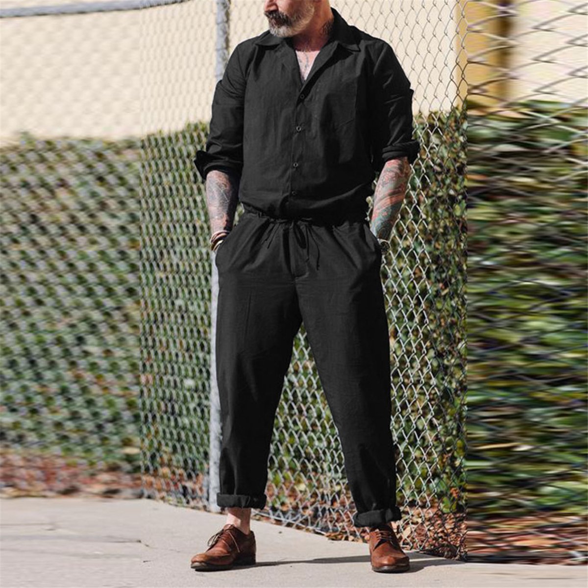 Chic Lapel Plain Defined Waist Loose Jumpsuit