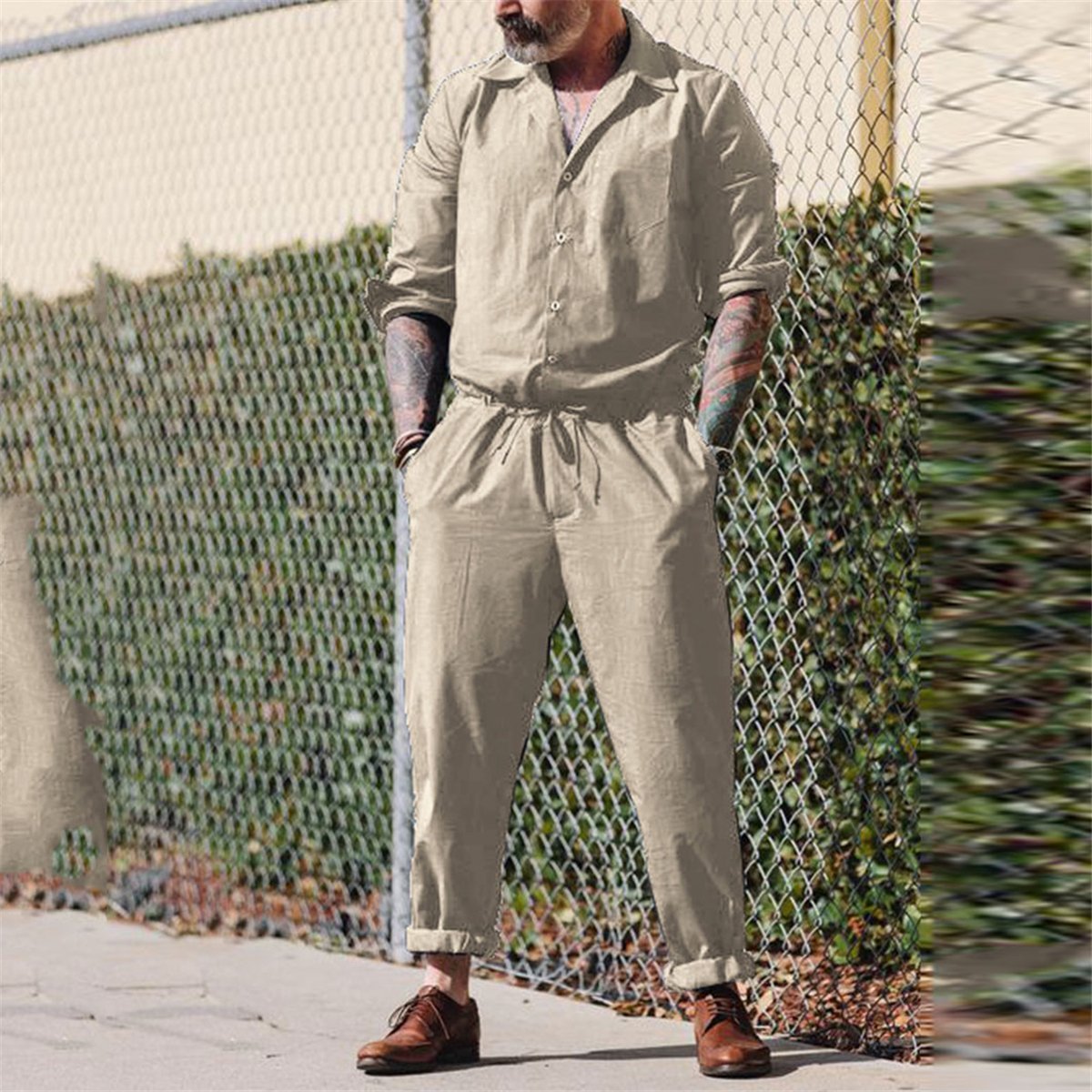 Chic Lapel Plain Defined Waist Loose Jumpsuit