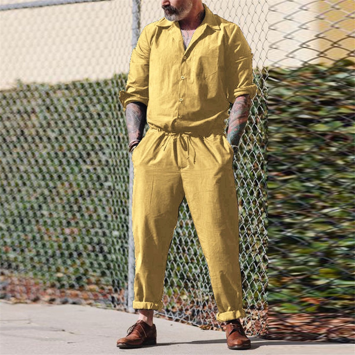 Chic Lapel Plain Defined Waist Loose Jumpsuit