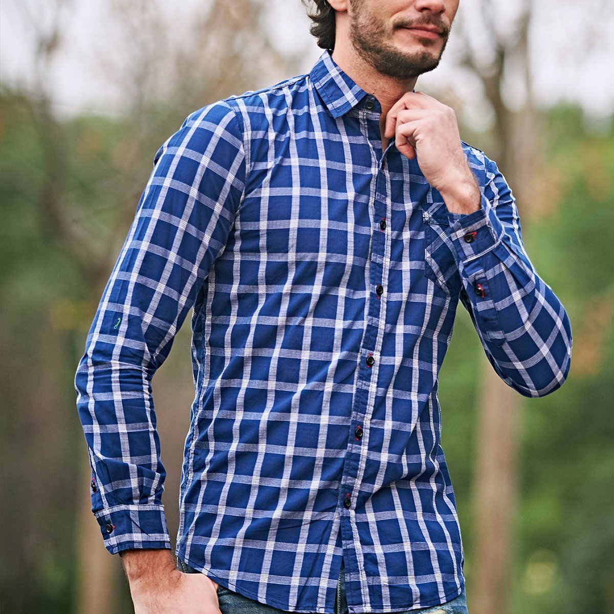 Chic Lapel Checked Slim Button Embellished Shirt