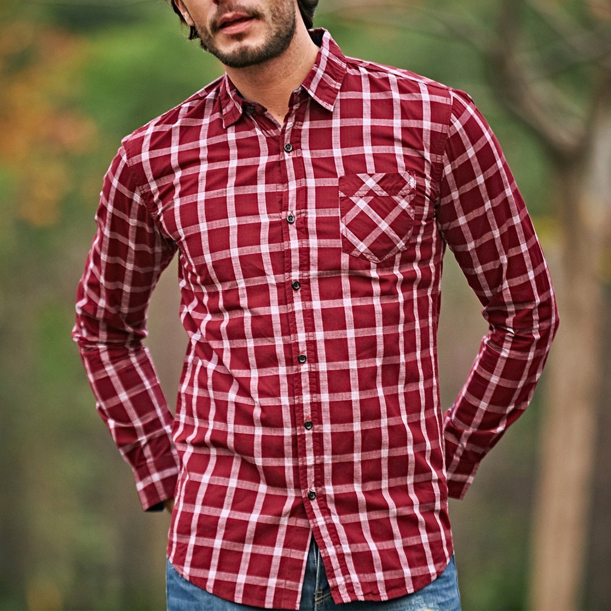 Chic Lapel Checked Slim Button Embellished Shirt