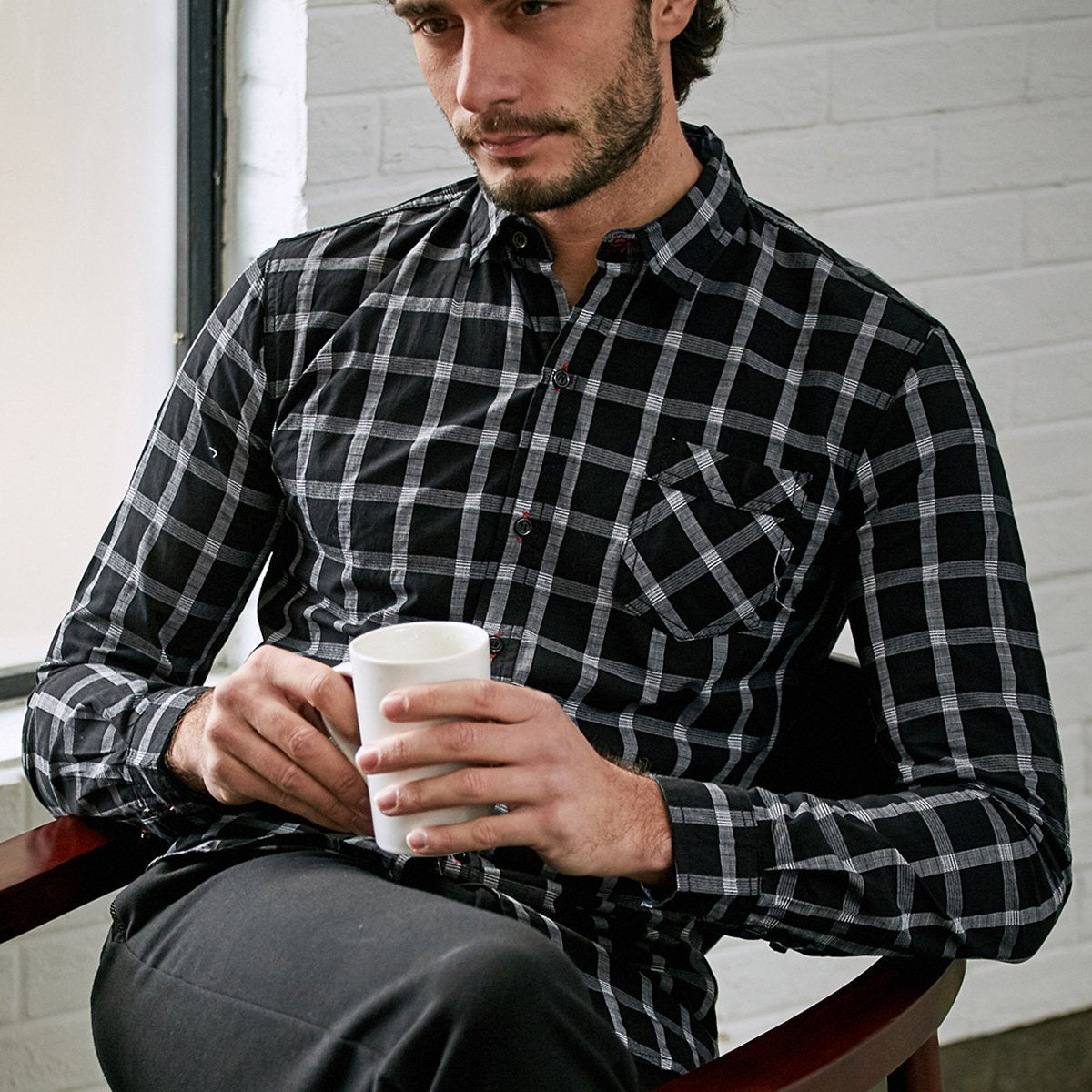 Chic Lapel Checked Slim Button Embellished Shirt