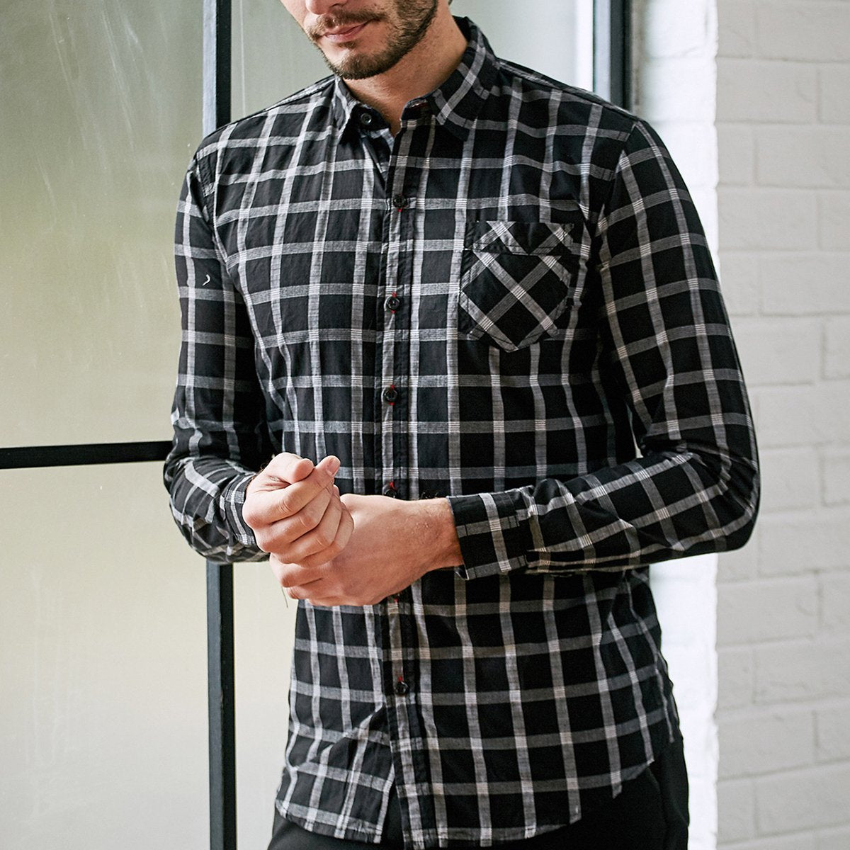 Chic Lapel Checked Slim Button Embellished Shirt