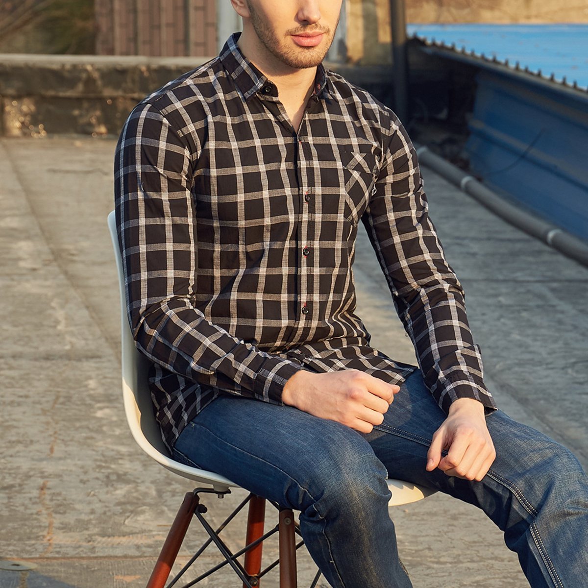 Chic Lapel Checked Slim Button Embellished Shirt