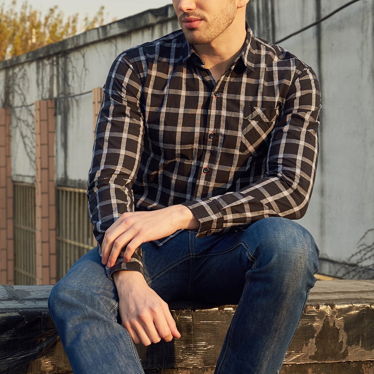 Chic Lapel Checked Slim Button Embellished Shirt