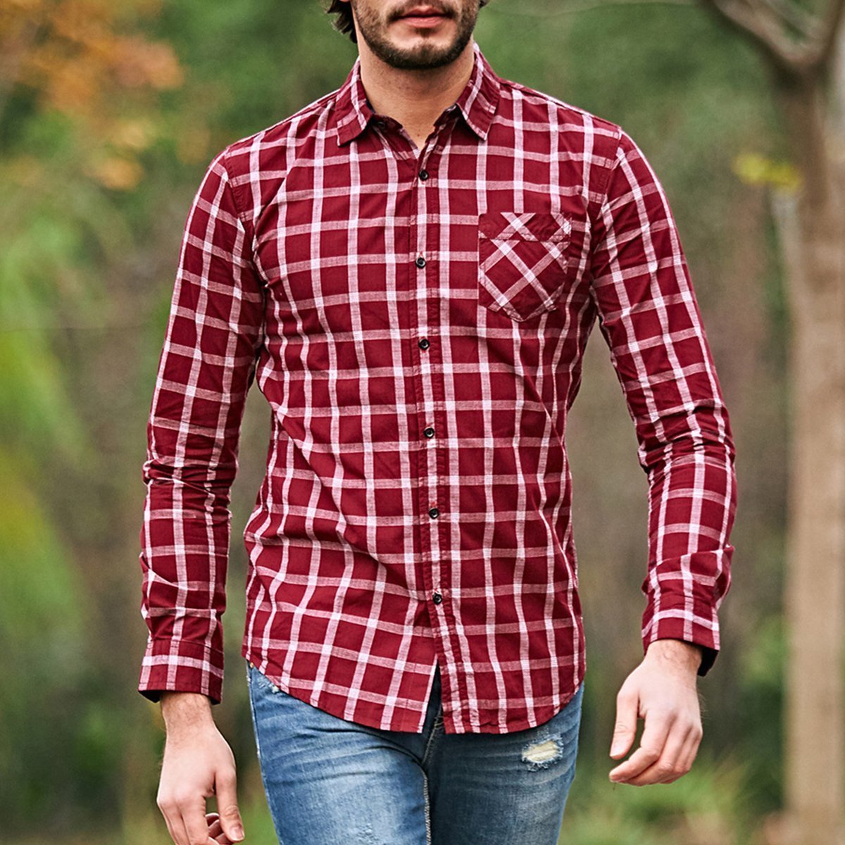 Chic Lapel Checked Slim Button Embellished Shirt