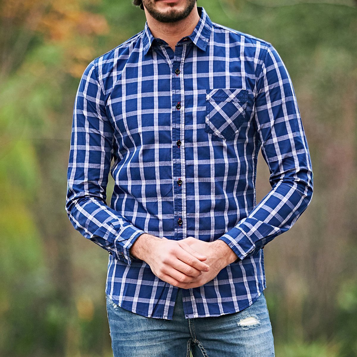 Chic Lapel Checked Slim Button Embellished Shirt