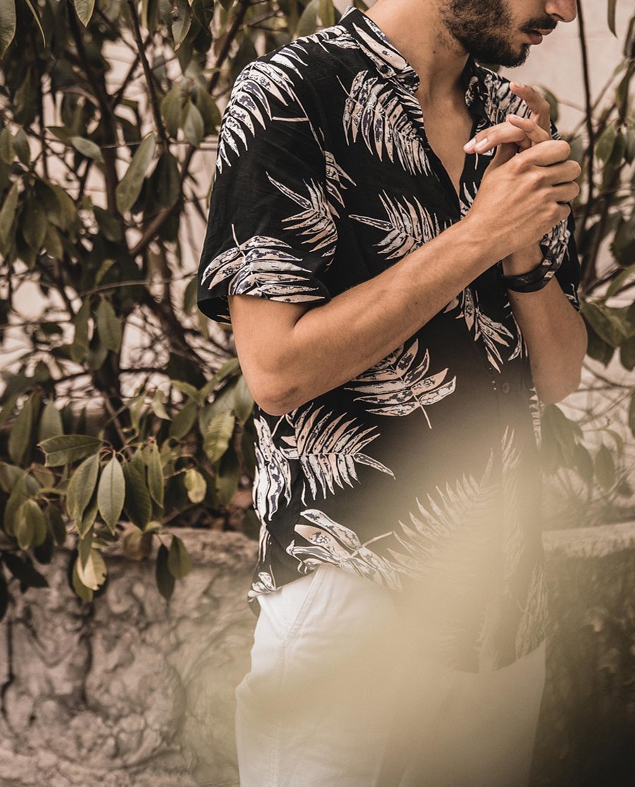 Summer Stand Collar Tropical Plant Print Short Sleeve Shirt