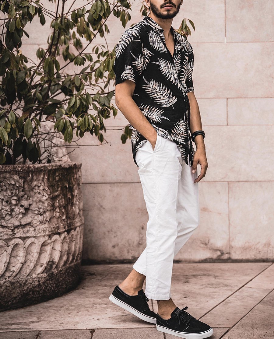 Summer Stand Collar Tropical Plant Print Short Sleeve Shirt