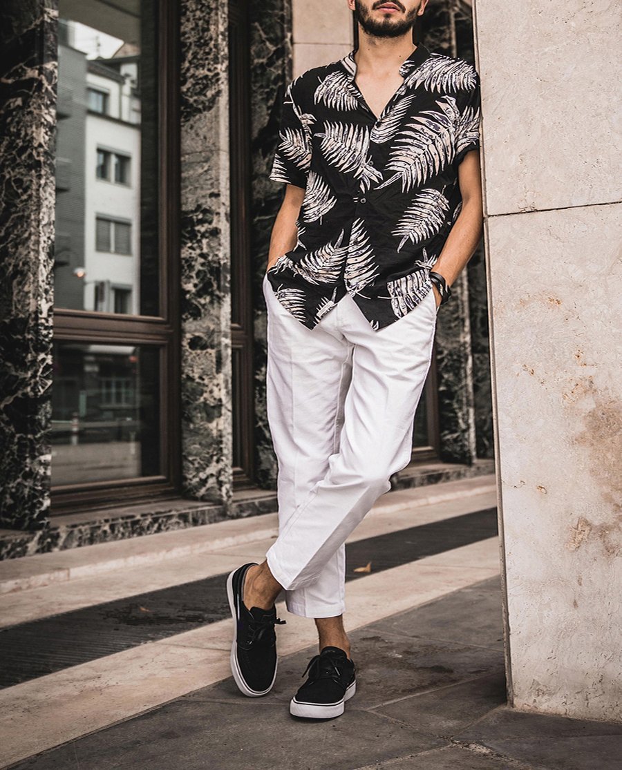 Summer Stand Collar Tropical Plant Print Short Sleeve Shirt