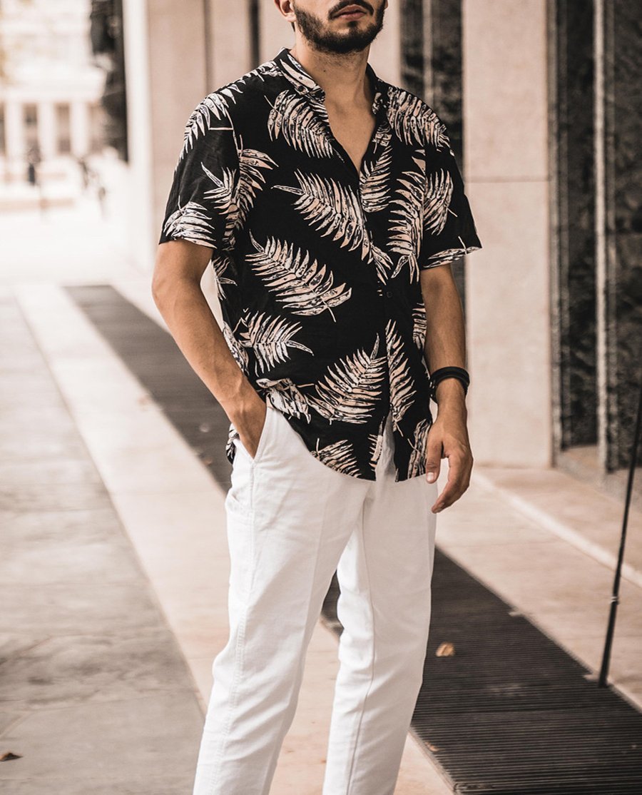 Summer Stand Collar Tropical Plant Print Short Sleeve Shirt