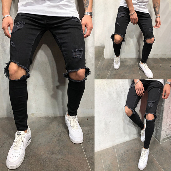 Street Fashion Solid Color Ripped Slim-Fit Pants