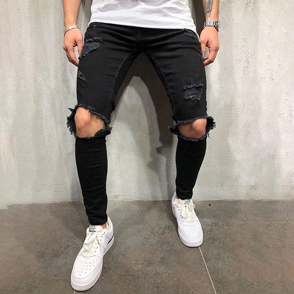 Street Fashion Solid Color Ripped Slim-Fit Pants