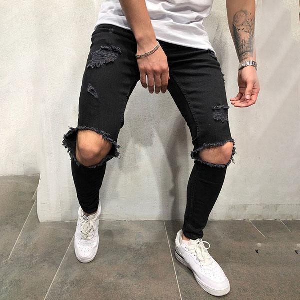Street Fashion Solid Color Ripped Slim-Fit Pants