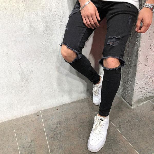 Street Fashion Solid Color Ripped Slim-Fit Pants