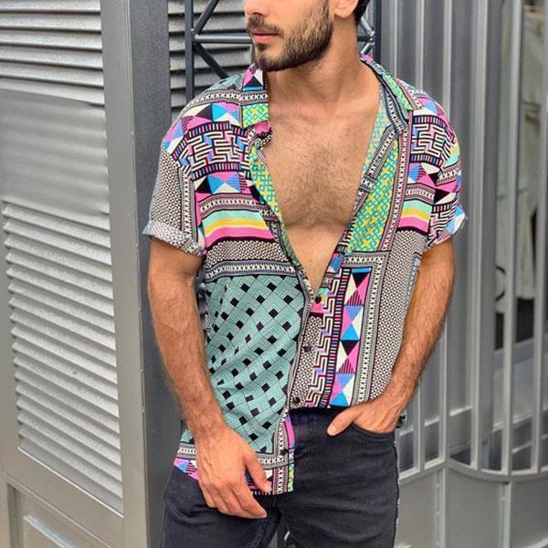 Summer Men's Fashion Lapel Print Shirt Top