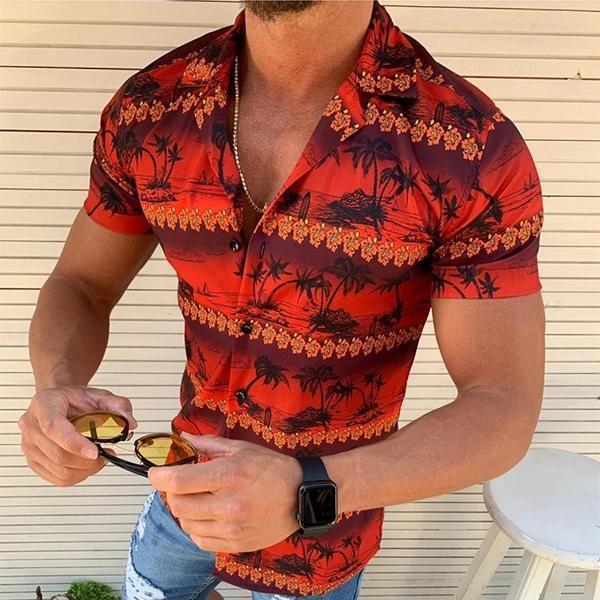Vacation Style Colorblock Coconut Palm Printed Short Sleeve Shirts
