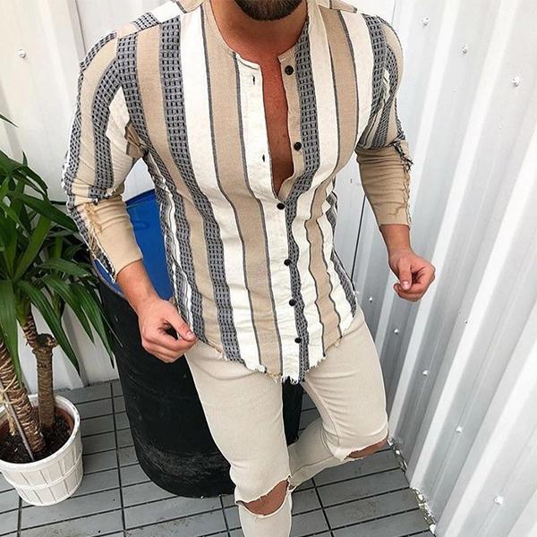 Casual Stripe Splicing Slim Fit Long Sleeve Shirt