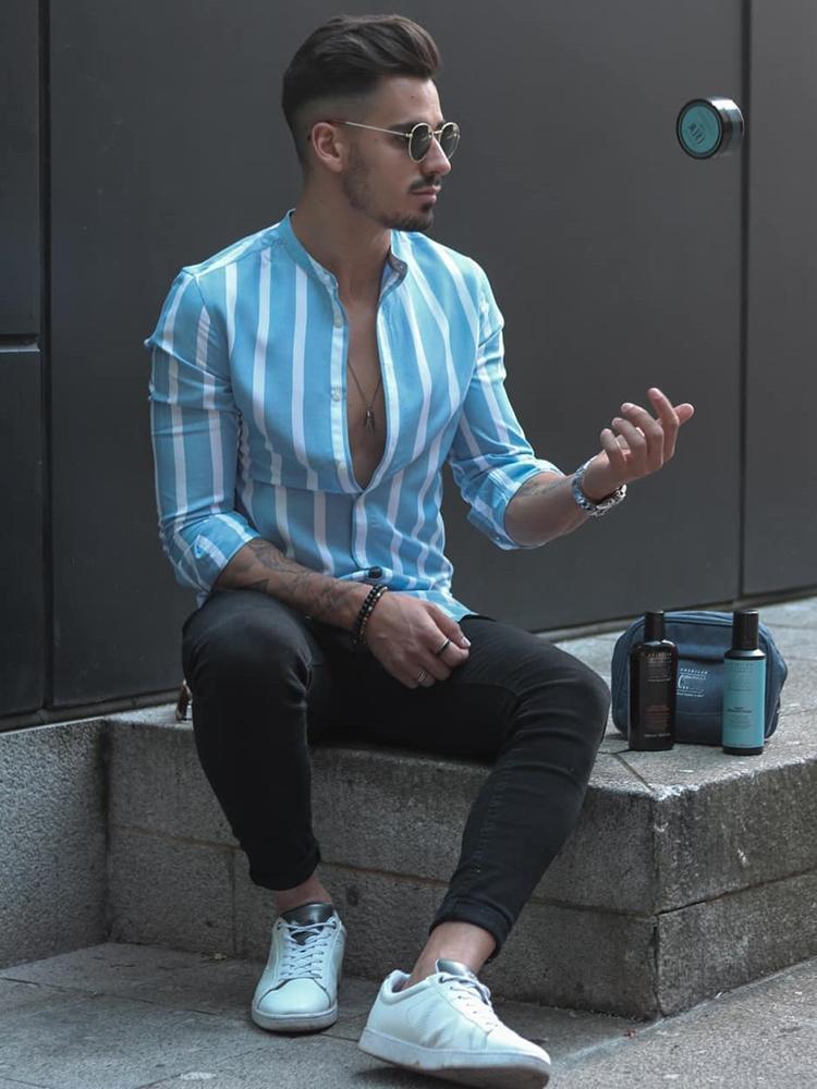 Classic Stripe Slim Fit Stand Collar Shirt