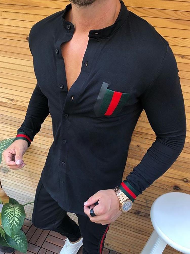 Casual Stand Collar Contrast Color Stripe Shirt