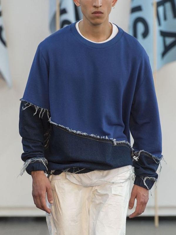 Sports And Leisure Denim Stitching Sweatshirt