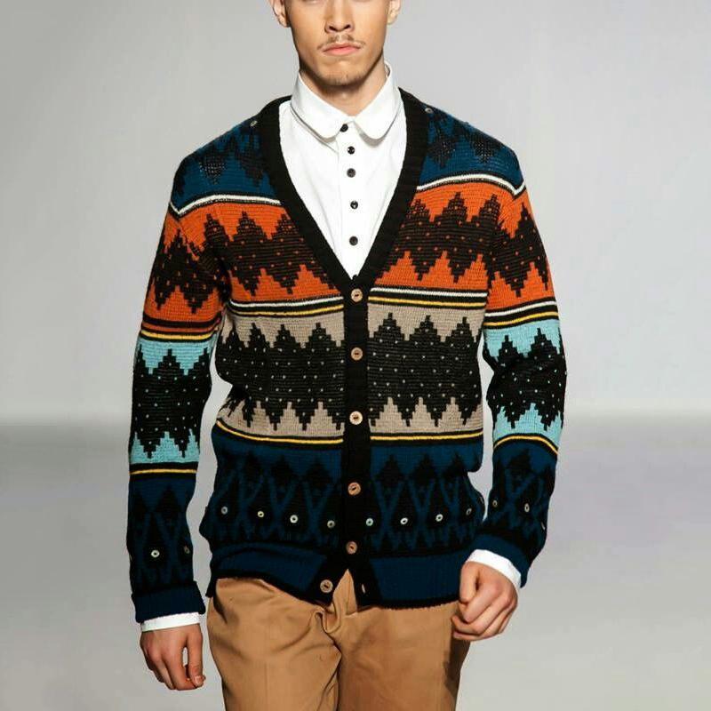 Men's V-Collar Long Sleeved Jacquard Weave Knitted Sweater