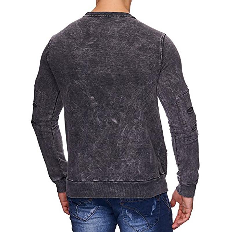 Men's Pure Color Round Neck Broken Holes Knitted Sweater.