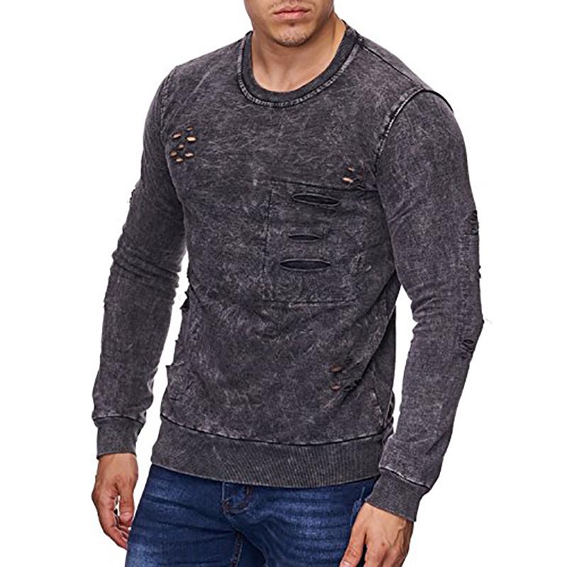 Men's Pure Color Round Neck Broken Holes Knitted Sweater.