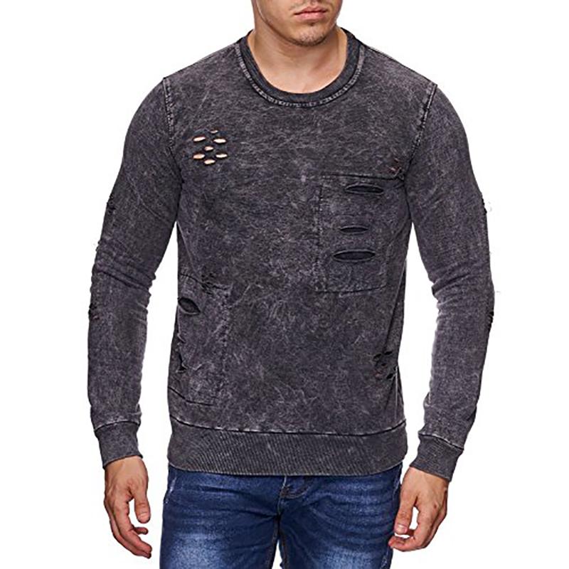 Men's Pure Color Round Neck Broken Holes Knitted Sweater.