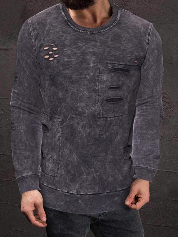 Men's Pure Color Round Neck Broken Holes Knitted Sweater.