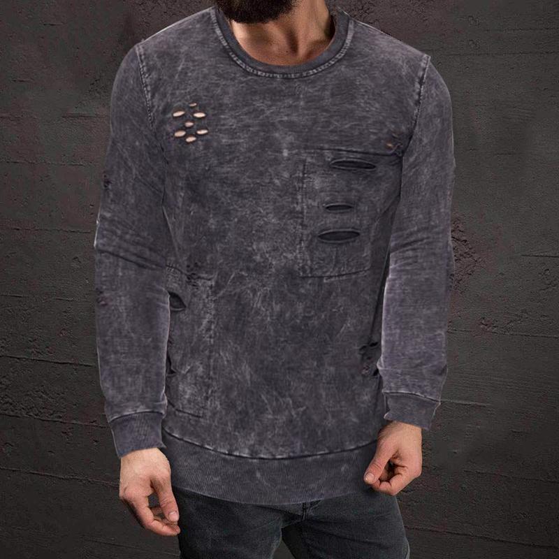 Men's Pure Color Round Neck Broken Holes Knitted Sweater.