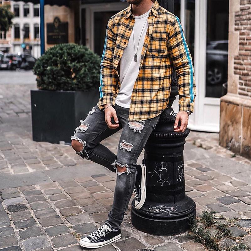 Street Fashion Side Stripe Plaid Shirt