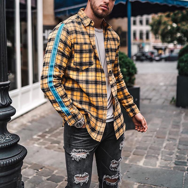 Street Fashion Side Stripe Plaid Shirt