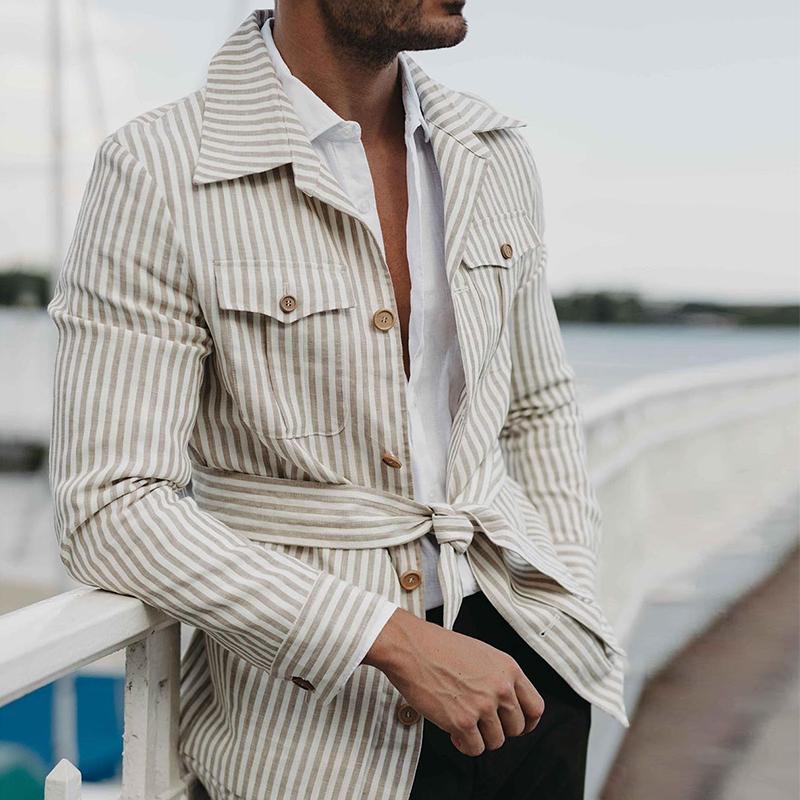 Simple Lapel Striped Long-Sleeved Lace-Up Shirt