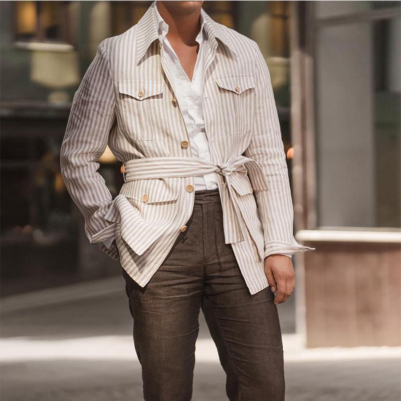 Simple Lapel Striped Long-Sleeved Lace-Up Shirt