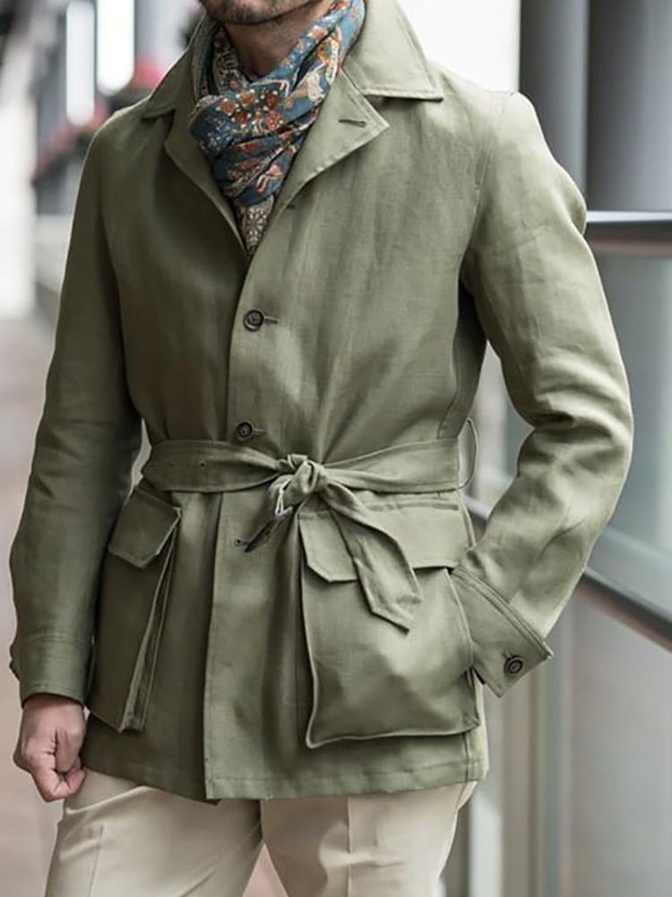 Men's Simple Lapel Pocket Lace-Up Jacket