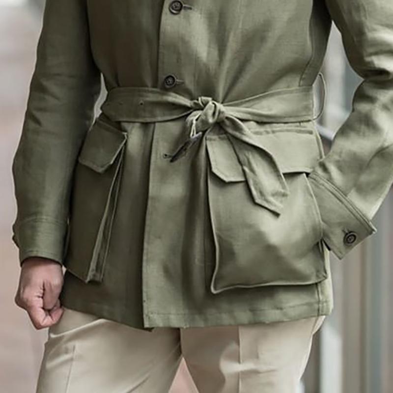 Men's Simple Lapel Pocket Lace-Up Jacket