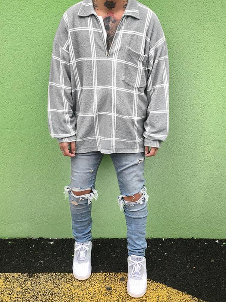 Simple Square Fold-Over Collar Zip Sweater