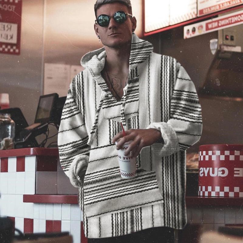 Vintage Fashion Line Pattern Big Pocket Hooded Sweatshirt