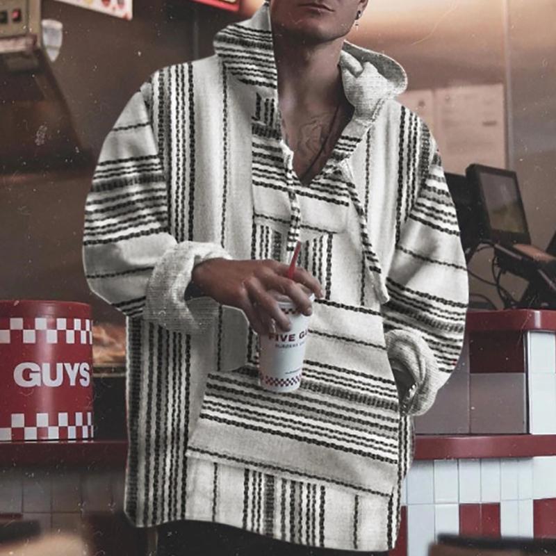 Vintage Fashion Line Pattern Big Pocket Hooded Sweatshirt