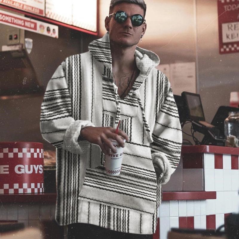 Vintage Fashion Line Pattern Big Pocket Hooded Sweatshirt