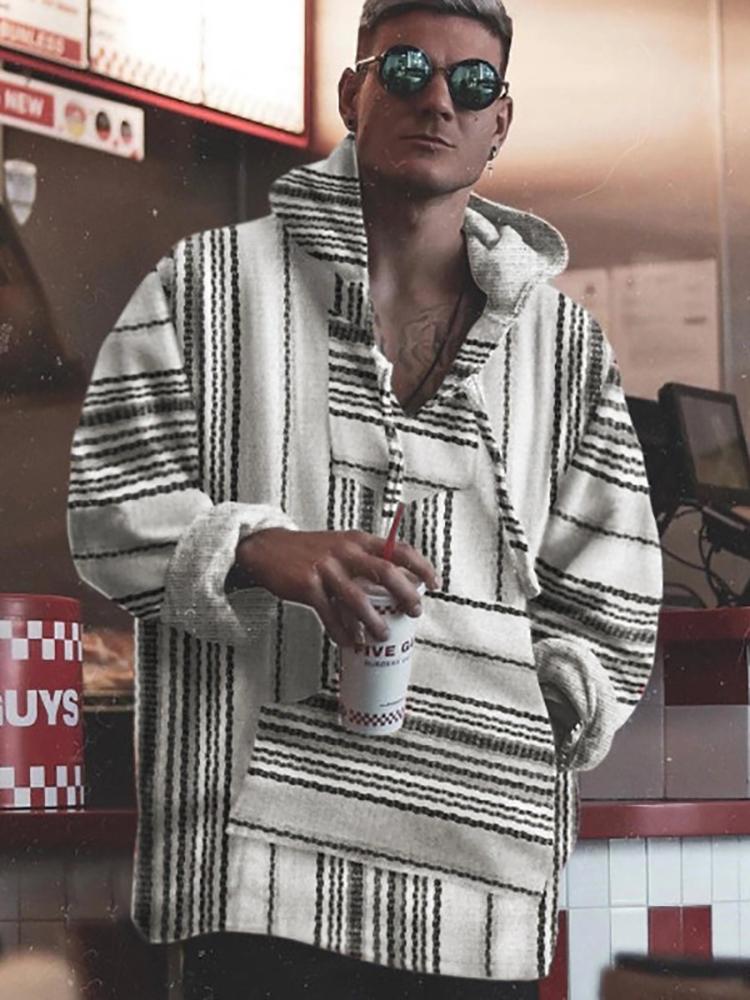 Vintage Fashion Line Pattern Big Pocket Hooded Sweatshirt