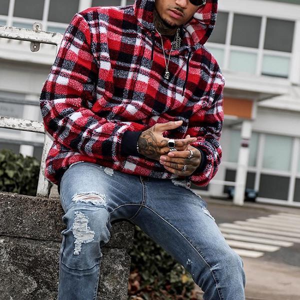 Fashion Classic Contrast Color Plaid Hooded Sweatshirt