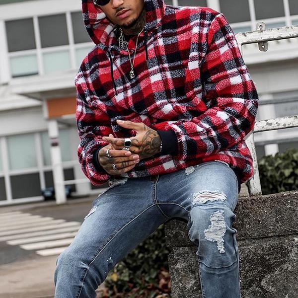 Fashion Classic Contrast Color Plaid Hooded Sweatshirt