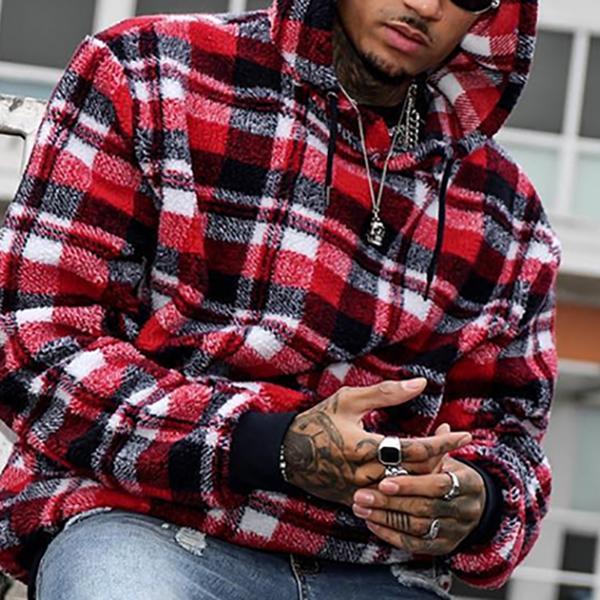 Fashion Classic Contrast Color Plaid Hooded Sweatshirt